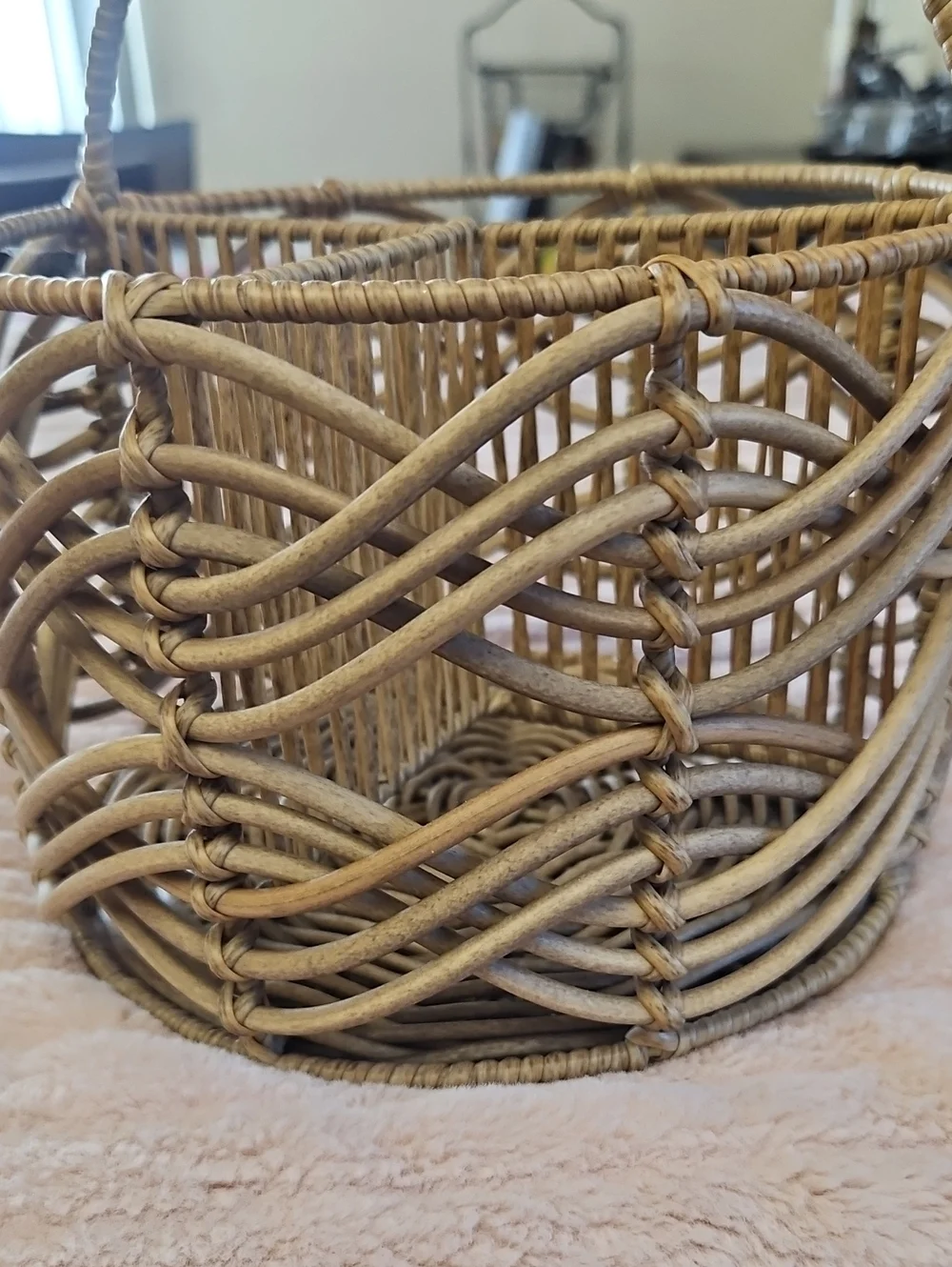 Vintage Wicker Divided Handled Basket - Natural Rattan